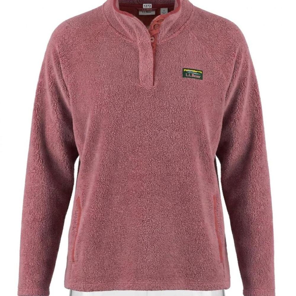 L.L.Bean Womens XL Petite Fleece Pullover Dusty Rose Sherpa Snap Neck Logo Patch